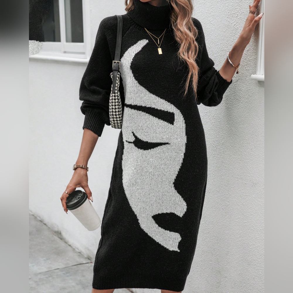 Figure Graphic Turtleneck Lantern Sleeve Sweater Dress - Picture 2 of 5